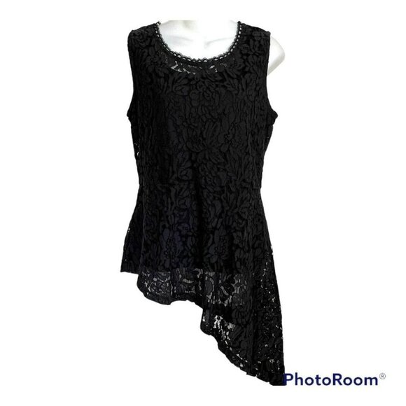 Isaac Mizrahi Live Black Lace Asymmetrical Peplum Tank Top Size Small - Picture 1 of 9